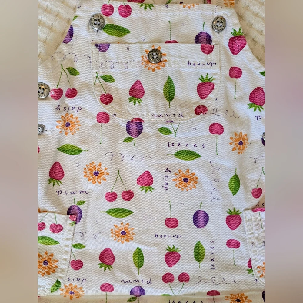 Vintage Oshkosh B'Gosh 90s Berry Fruit Daisy Floral White Overall Dress Size 2T